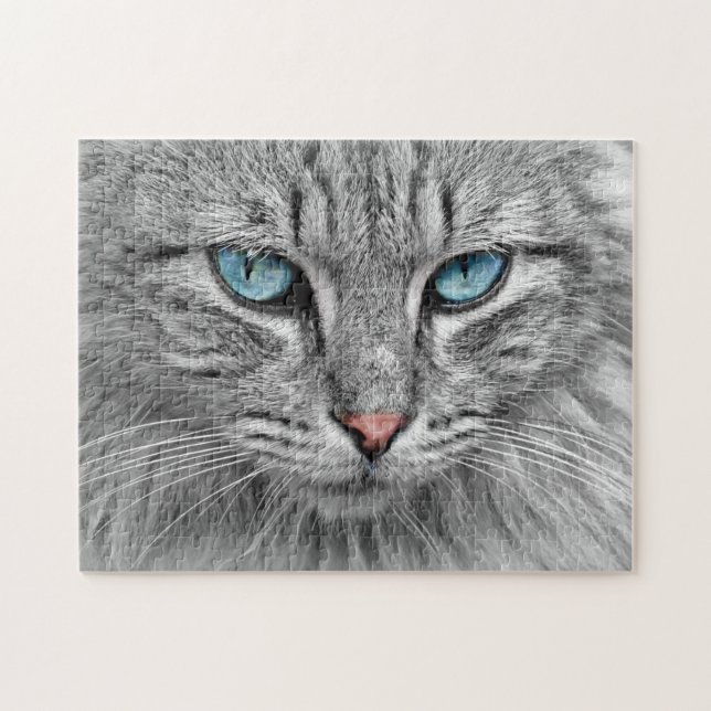 Challenging Gray Tabby Cat with Blue Eyes Jigsaw Puzzle (Horizontal)