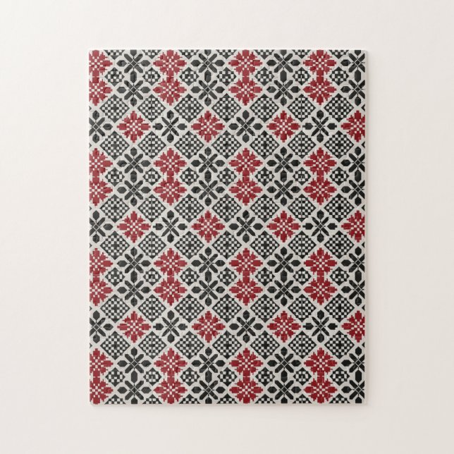 Challenging Red Black White Geometric Folk Pattern Jigsaw Puzzle (Vertical)