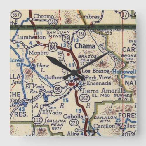 Chama New Mexico Vintage Map Square Wall Clock