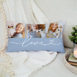 Chambray Blue Love Heart Script 3 Photo Lumbar Pillow<br><div class="desc">Cool chambray blue and white love script with a heart flourish frame three personalized photos on this lumbar pillow. The relaxed blue tone works beautifully in any living room,  bedroom,  or den. Showcase your family,  your fur babies,  your favorite couple shots,  or any mix of memories you love.</div>