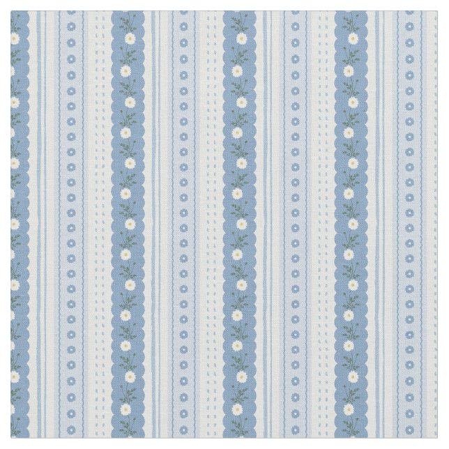 Chambray Blue Scallop Vine Floral Stripe Fabric (Close Up)