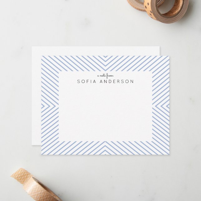 Chambray Blue Triangle Striped Personalized Note Card (Front/Back In Situ)