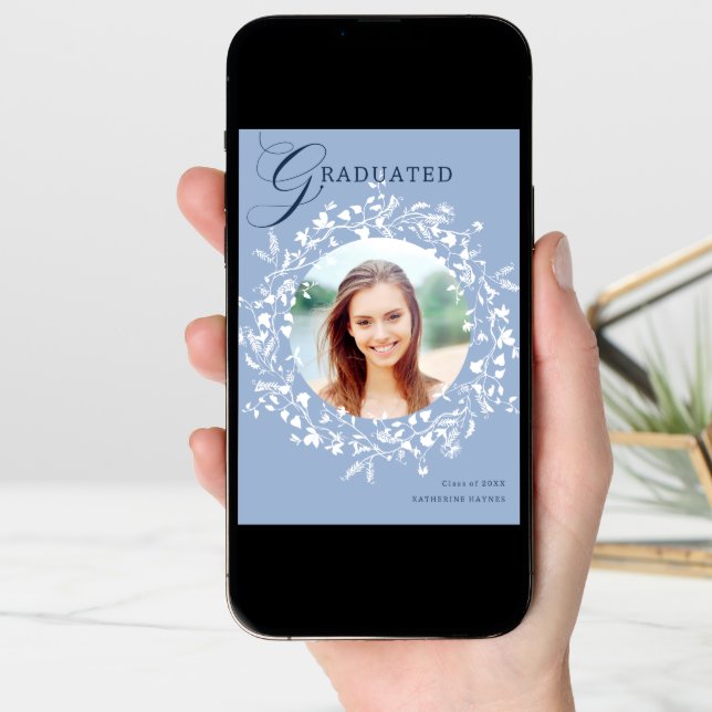 Chambray Blue White Wildflower Wreath Graduation Announcement (Front Digital)