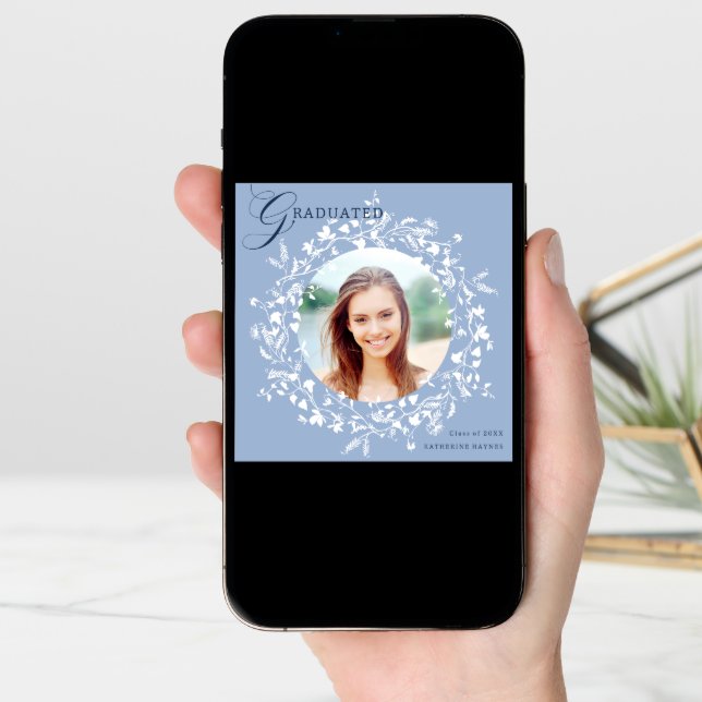 Chambray Blue White Wildflower Wreath Graduation Announcement (Front Digital)