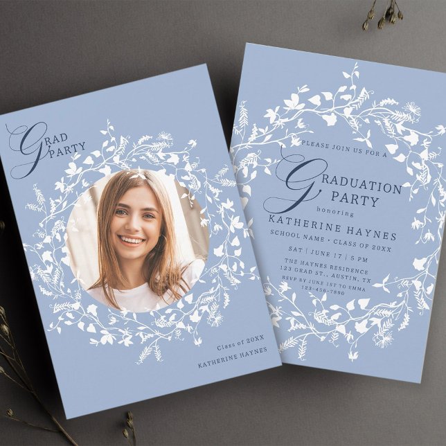Chambray Blue White Wildflower Wreath Graduation  Invitation (Front & Back)