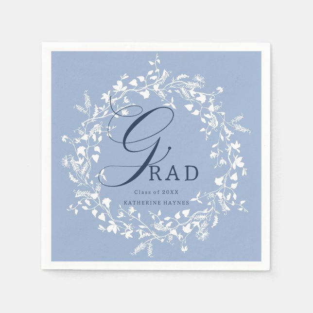 Chambray Blue White Wildflower Wreath Graduation  Napkins (Front)