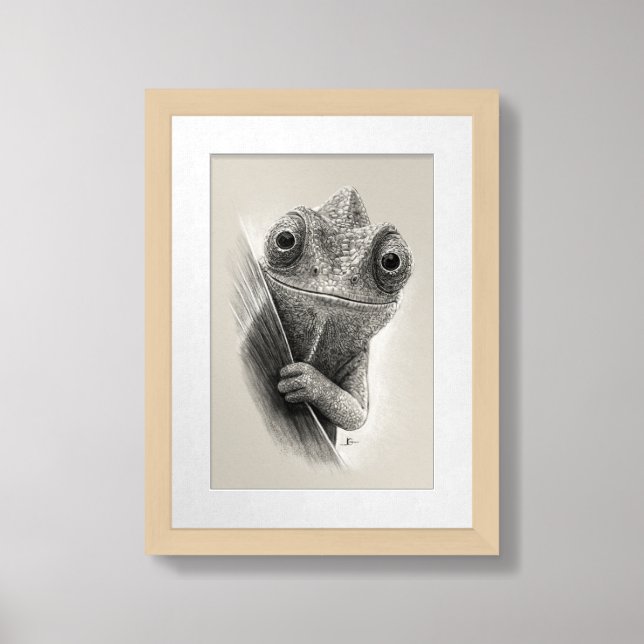 Chameleon Art Print, Hand-Drawn Pencil Framed Art (Framed Front)