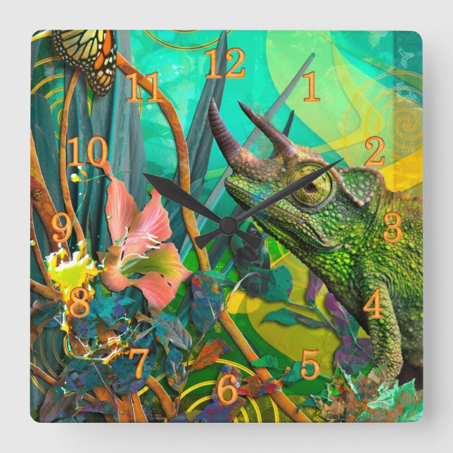 CHAMELEON CHANGELING IN JUNGLE SQUARE WALL CLOCK (Front)