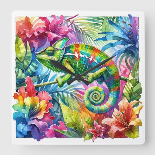 Chameleon Charm 2 _ Watercolor Square Wall Clock