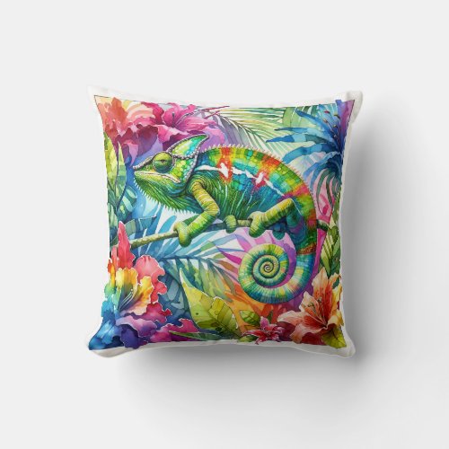 Chameleon Charm 2 _ Watercolor Throw Pillow