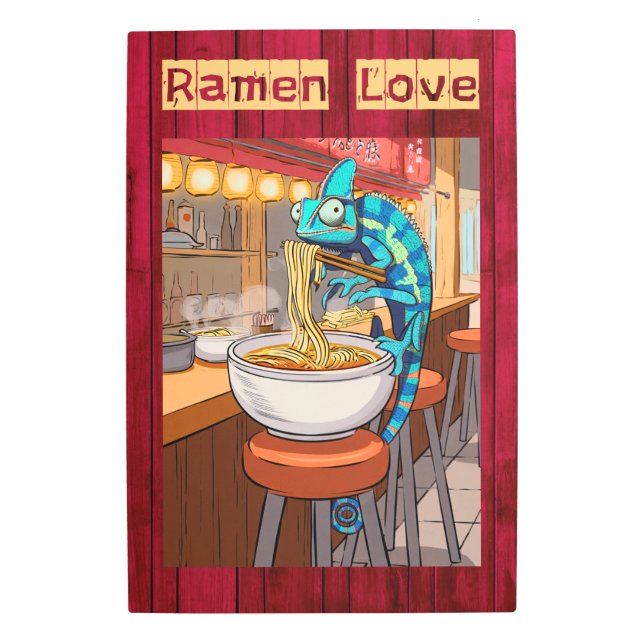 Chameleon Eating Ramen in Noodle Bar Metal Print (Front)