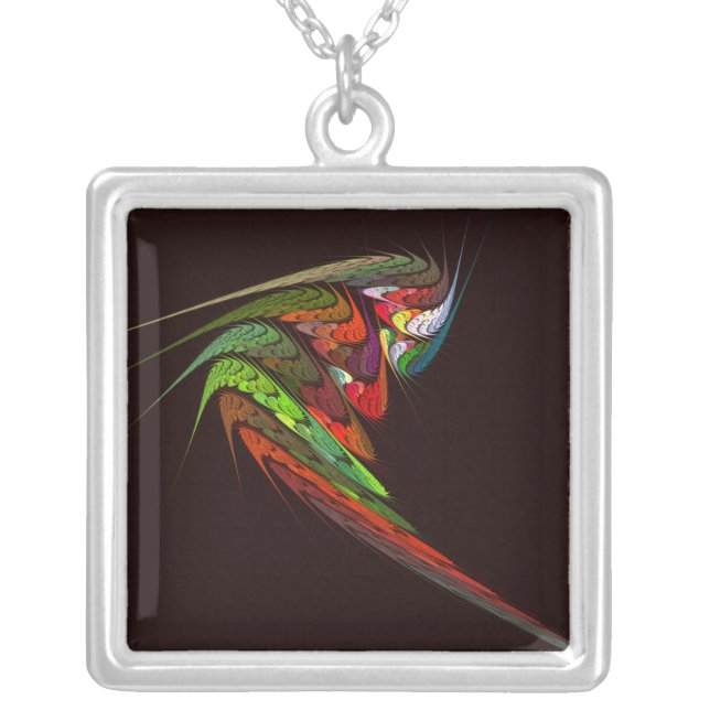 Chameleon Fractal Abstract Art in Vibrant Motion Silver Plated Necklace (Front)
