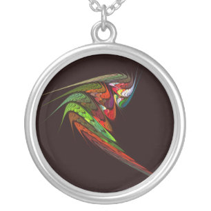 Chameleon Fractal Abstract Art in Vibrant Motion Silver Plated Necklace