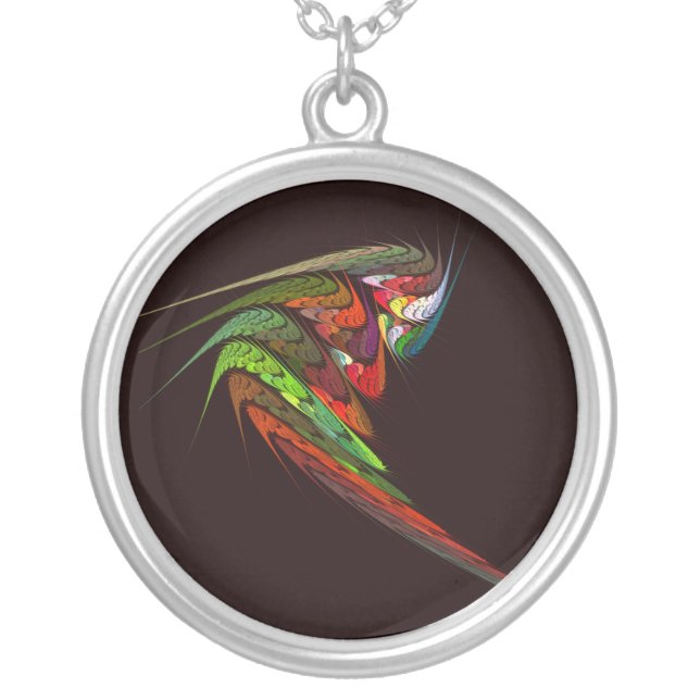 Chameleon Fractal Abstract Art in Vibrant Motion Silver Plated Necklace (Front)