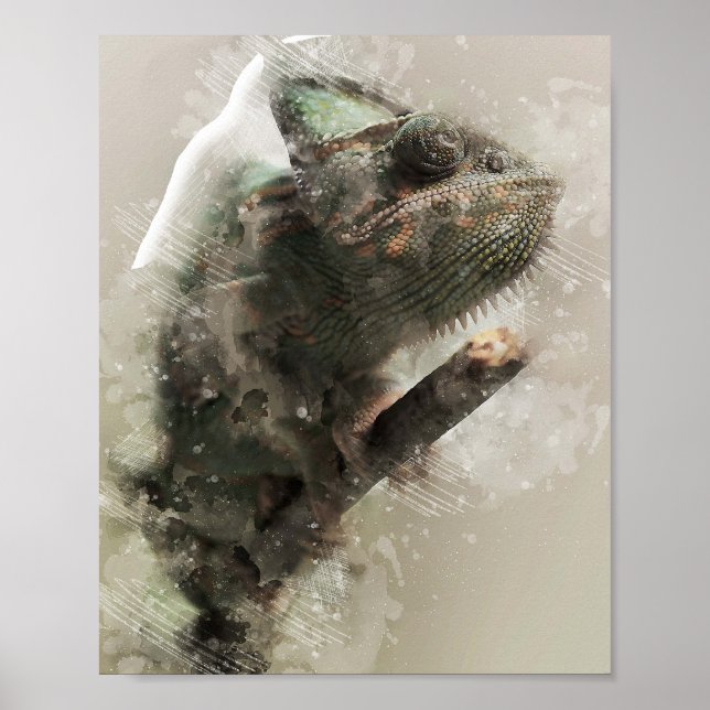 chameleon head close up watercolor oil painting poster (Front)