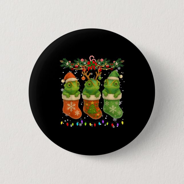 Chameleon In Christmas Socks Lights Chameleon Xmas Button (Front)