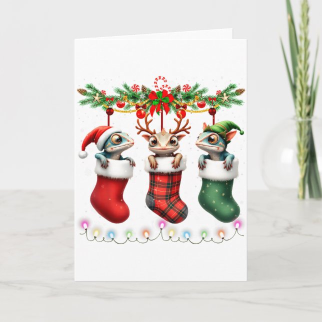 Chameleon In Christmas Socks Lights Chameleon Xmas Card (Front)