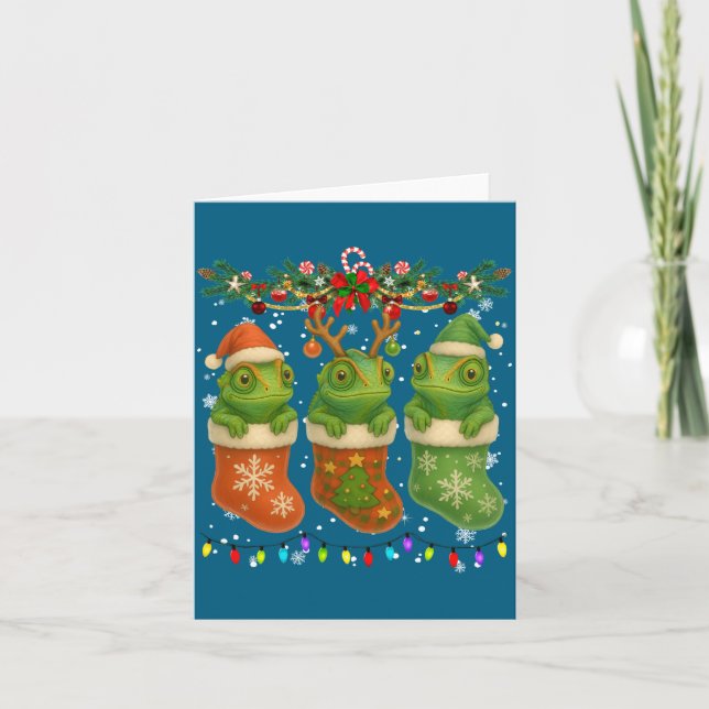 Chameleon In Christmas Socks Lights Chameleon Xmas Card (Front)