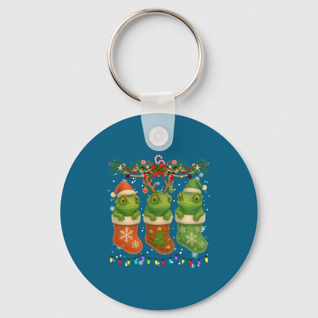 Chameleon In Christmas Socks Lights Chameleon Xmas Keychain (Front)