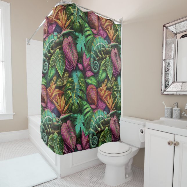 Chameleon Jungle Dreams Seamless Surface Pattern Shower Curtain (In Situ)