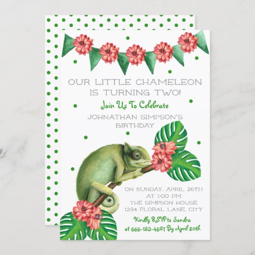 Chameleon Lizard Second Birthday Invitation