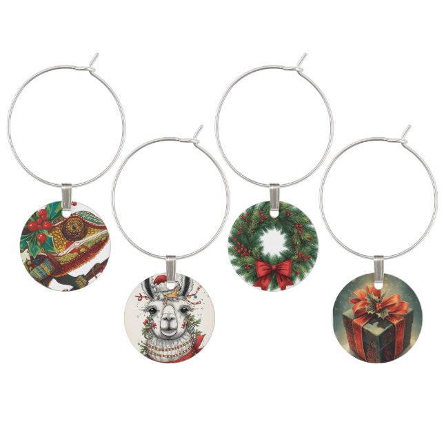 Chameleon Llama Wreath Gift Wine Glass Charms (Staggered)