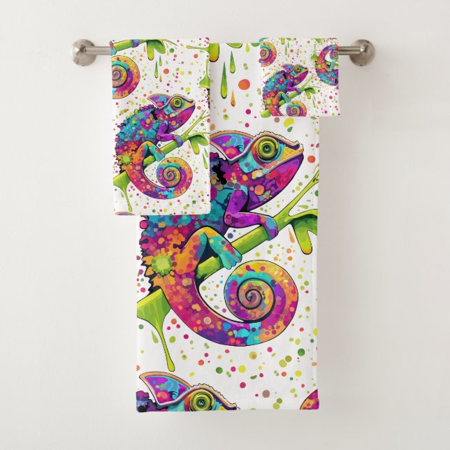 Chameleon Paint Stains Watercolor Style Bath Towel Set (Insitu)