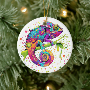 Chameleon Paint Stains Watercolor Style Ceramic Ornament