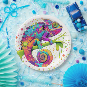 Chameleon Paint Stains Watercolor Style Paper Plates