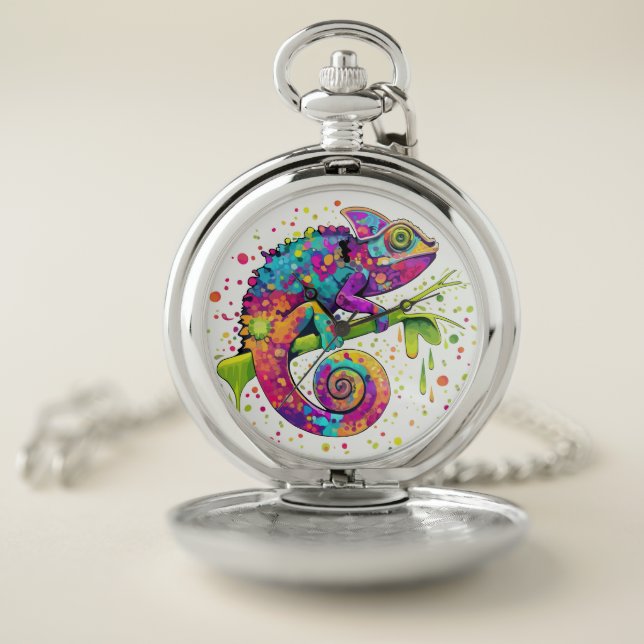 Chameleon Paint Stains Watercolor Style Pocket Watch (Inside)