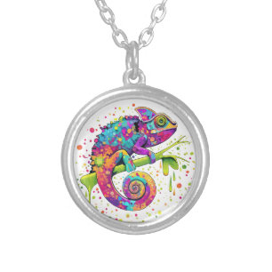 Chameleon Paint Stains Watercolor Style Silver Plated Necklace