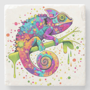 Chameleon Paint Stains Watercolor Style Stone Coaster