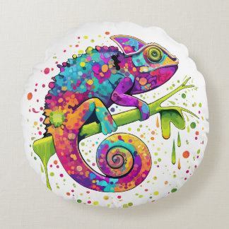 Chameleon Paint Stains Watercolor Style Throw Pill Round Pillow