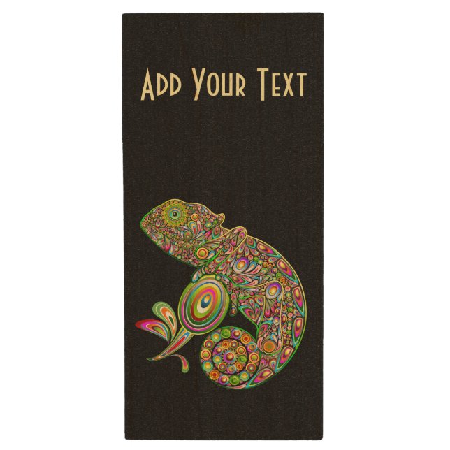 Chameleon Psychedelic Fantasy Wood Flash Drive (Front Vertical)