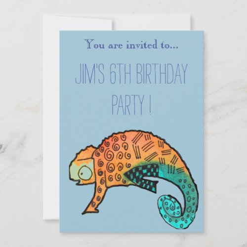 Chameleon reptile illustration boy birthday party invitation