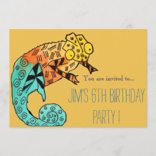 Chameleon reptile illustration boy birthday party invitation