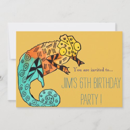 Chameleon reptile illustration boy birthday party invitation