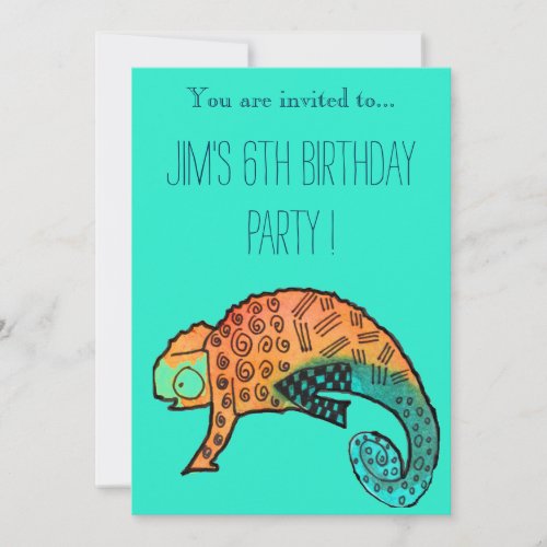 Chameleon reptile illustration boy birthday party invitation