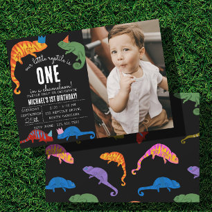 Chameleon Reptile Lizard Kids First Birthday Photo Invitation