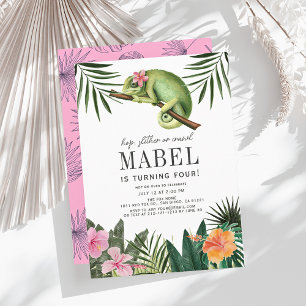 Chameleon Reptile Tropical Girl White Birthday Invitation