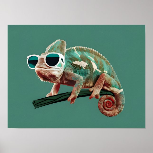 Chameleon Wearing Sunglasses on Solid Background Poster (Front)