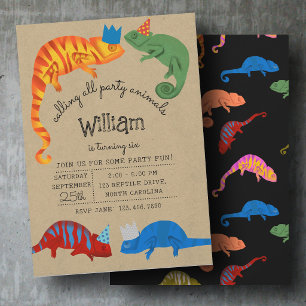 Chameleons Colorful Reptile Lizards Kids Birthday Invitation