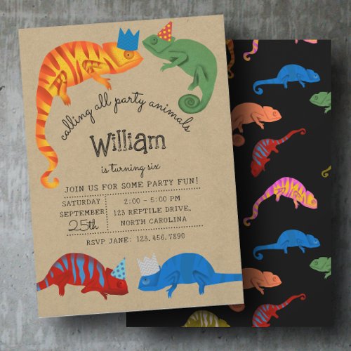 Chameleons Colorful Reptile Lizards Kids Birthday Invitation