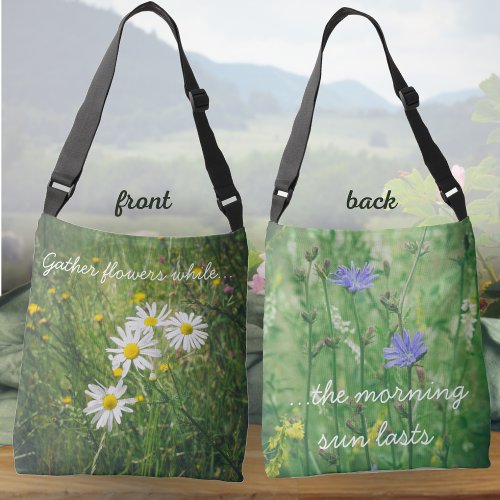 Chamomile and chicory flowers on the green meadow  crossbody bag