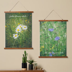 Chamomile and chicory flowers on the green meadow hanging tapestry