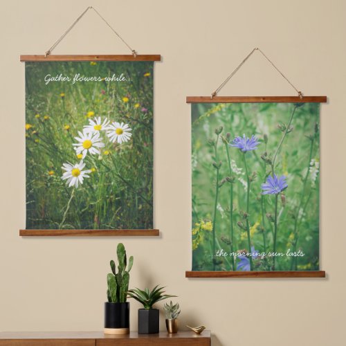 Chamomile and chicory flowers on the green meadow  hanging tapestry