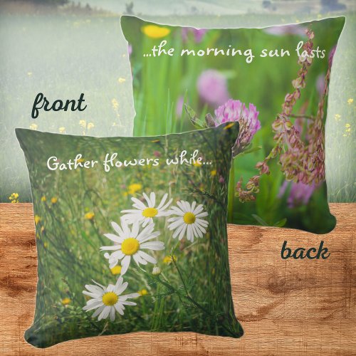 Chamomile and clover flowers on the green meadow  throw pillow