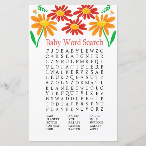 Chamomile Baby Shower Word Search Game
