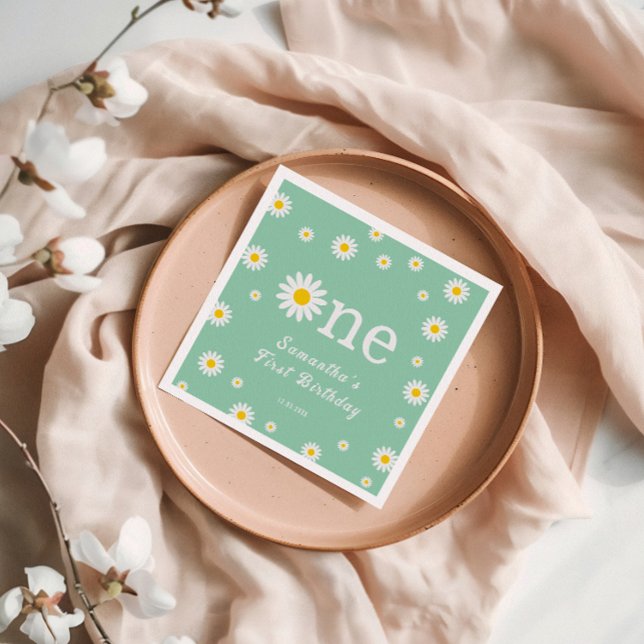 Chamomile Daisy Flower Elegant Green Birthday Napkins (Creator Uploaded)