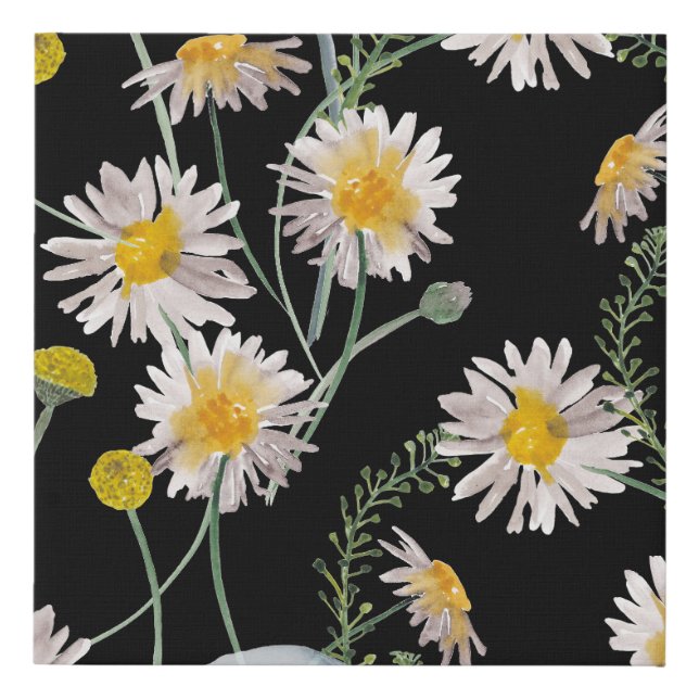 Chamomile, dandelion watercolor pattern faux canvas print (Front)